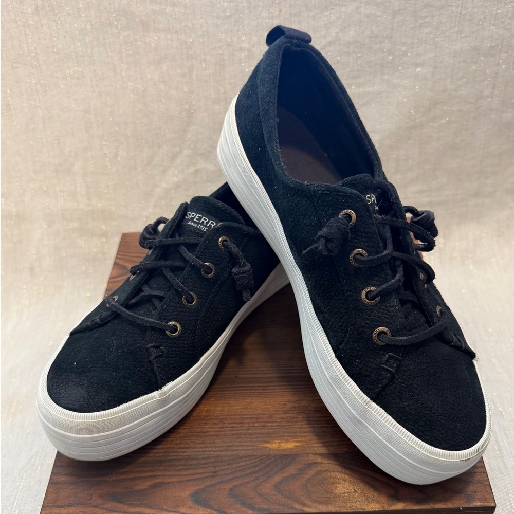 Sperry Black Canvas Shoes with White Soles.